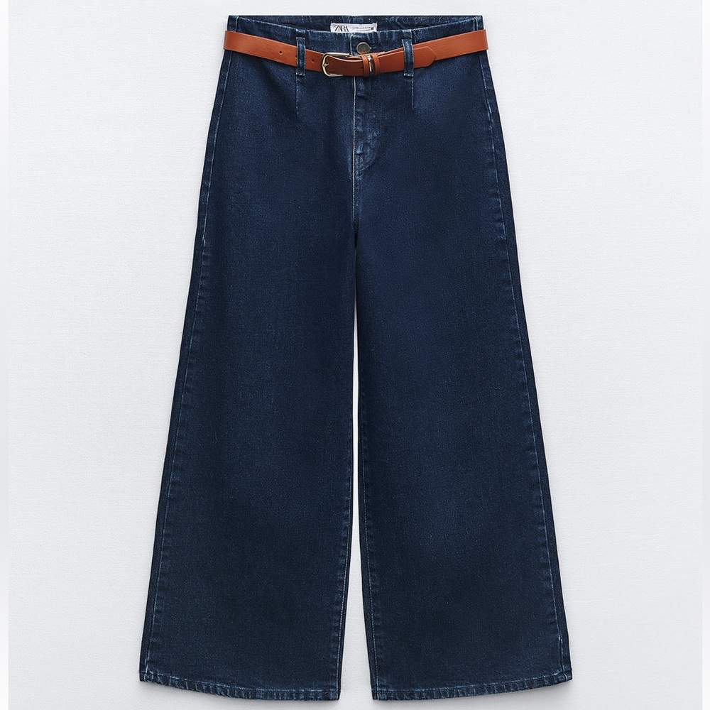 ZARA Z1975 BELTED HIGH RISE CROPPED WIDE LEG JEANS